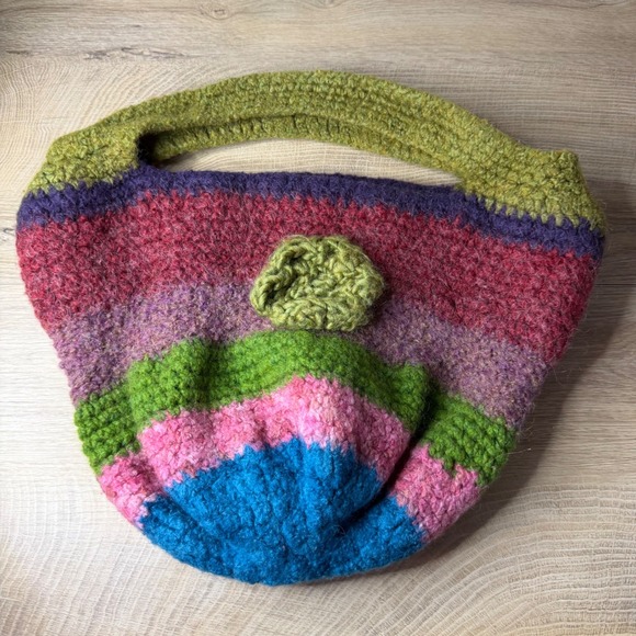Boho Crochet Knit Striped Hobo Bag Multicolor Slouchy Tote Hippie Granny Square